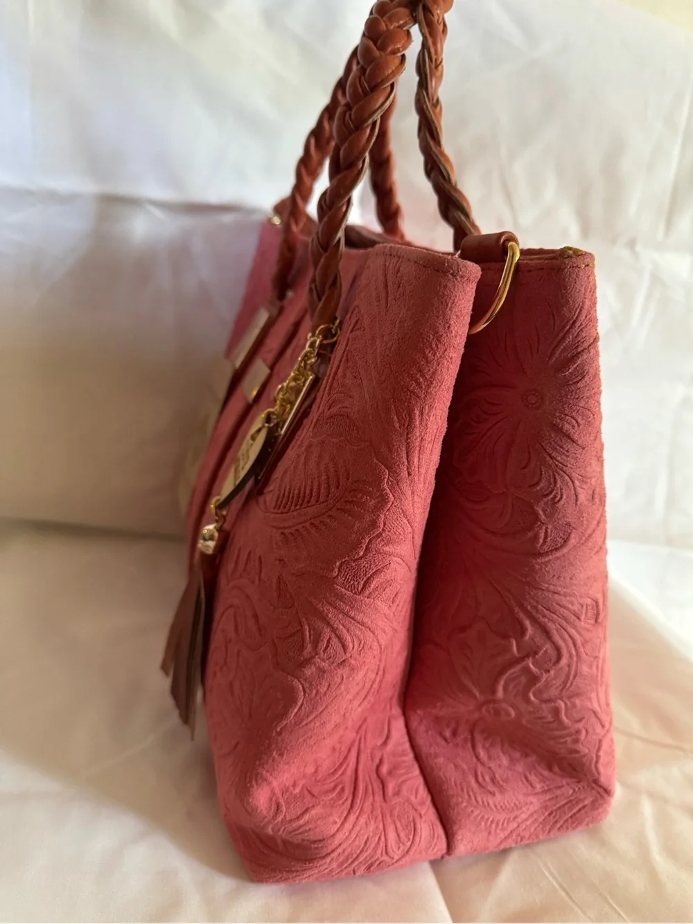 Artisanal Embossed Leather Tote Bag in Mauve Pink